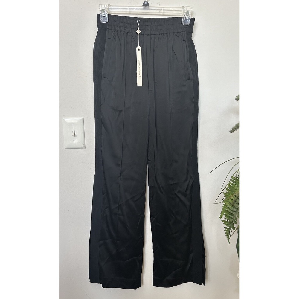 NWT Jonathan Simkhai Black Satin Side Slit Elastic Waist Pants Trousers Sz 2